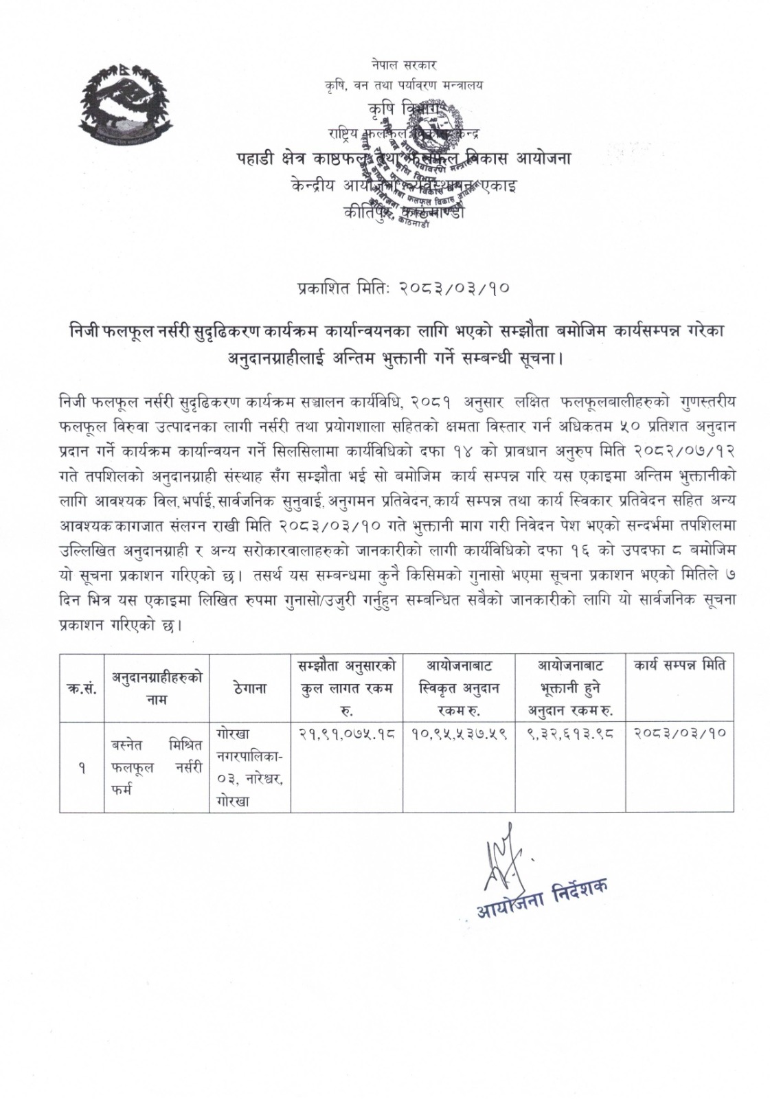 Notice for Final Payment to Private Fruit Nursery Strengthening Program: Basnet Nursery, Gorkha