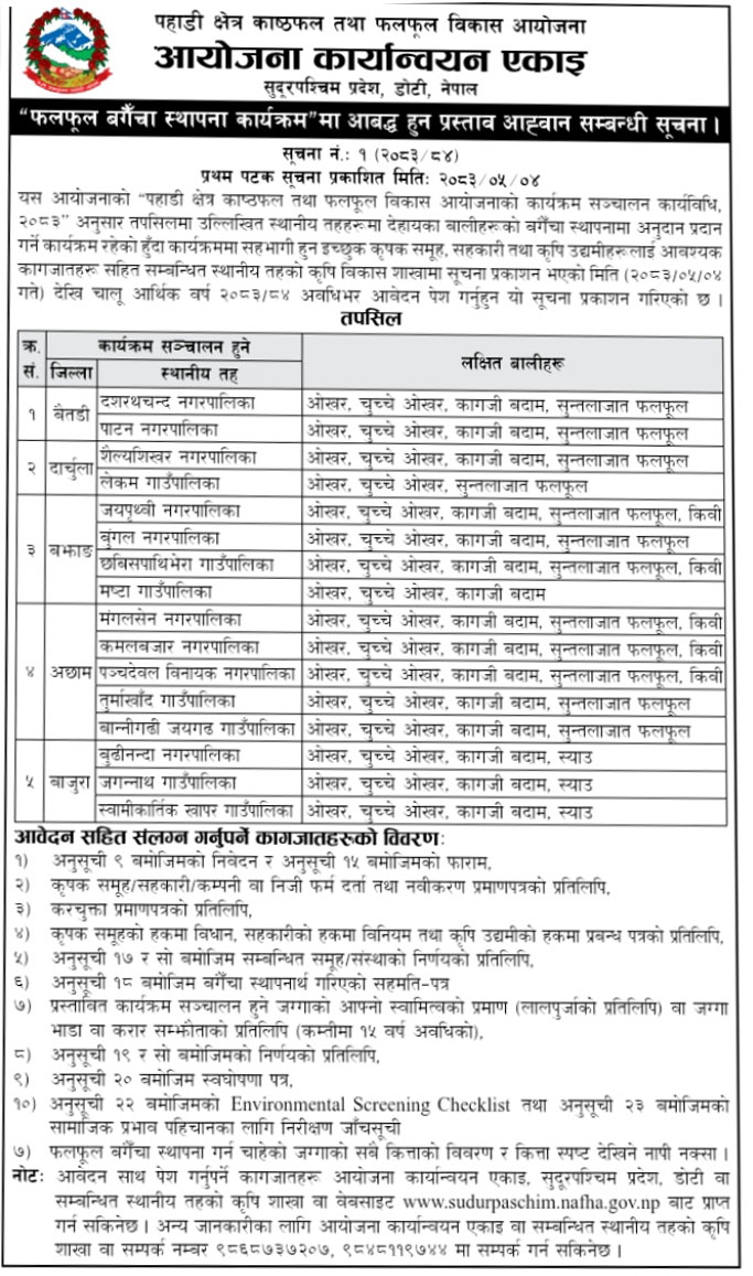 Call for Applications for Fruit Orchard Establishment - PIU Sudurpashchim