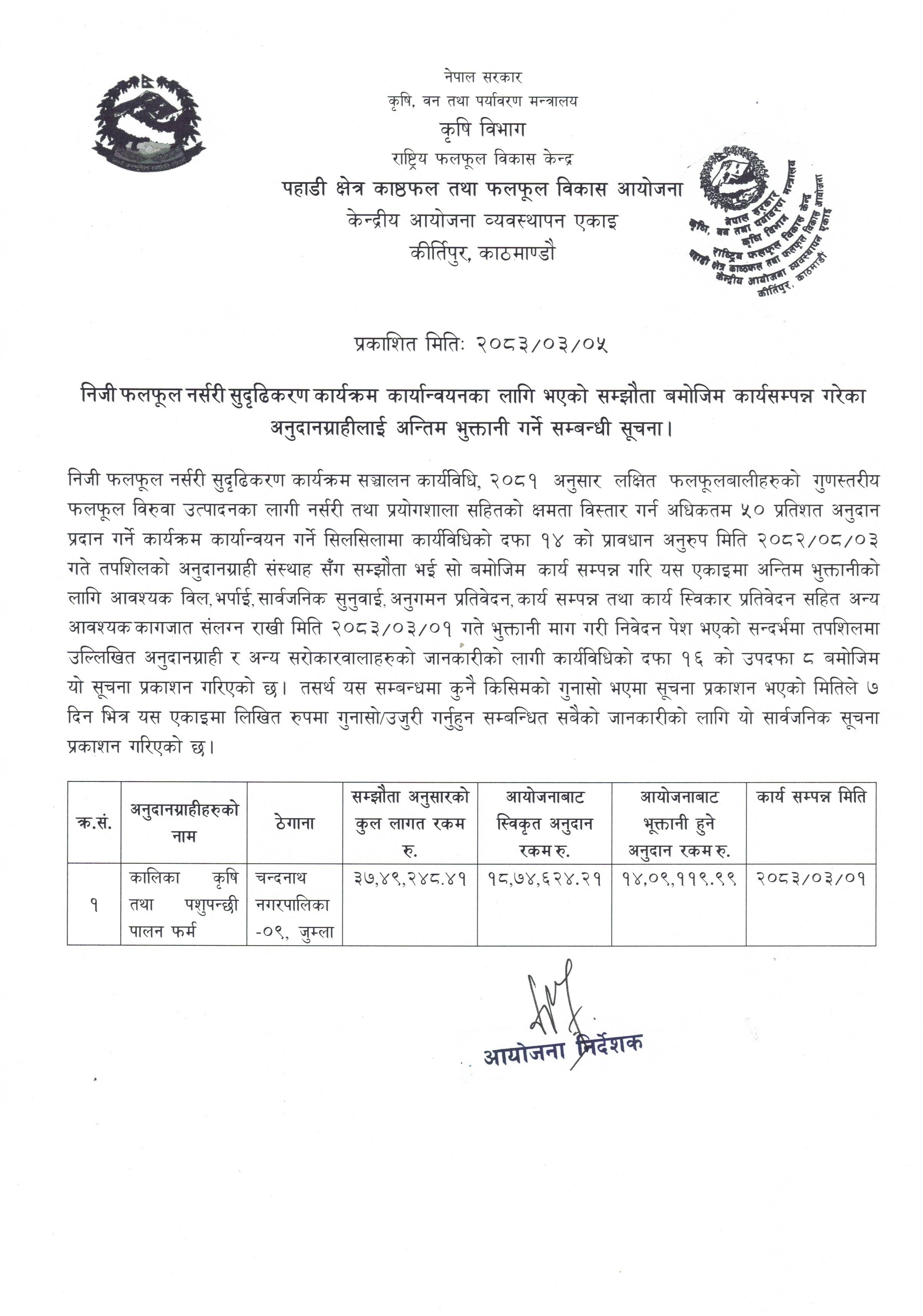 Notice for Final Payment to Private Fruit Nursery Strengthening Program Kalika Krishi Tatha Pashupachi Firm-Jumla