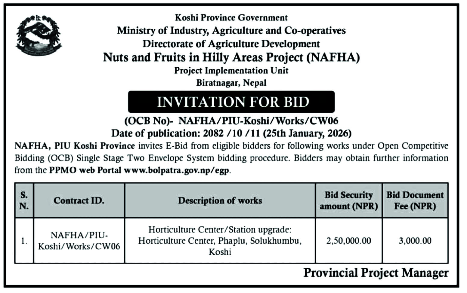 Invitation for Bids-PIU Koshi