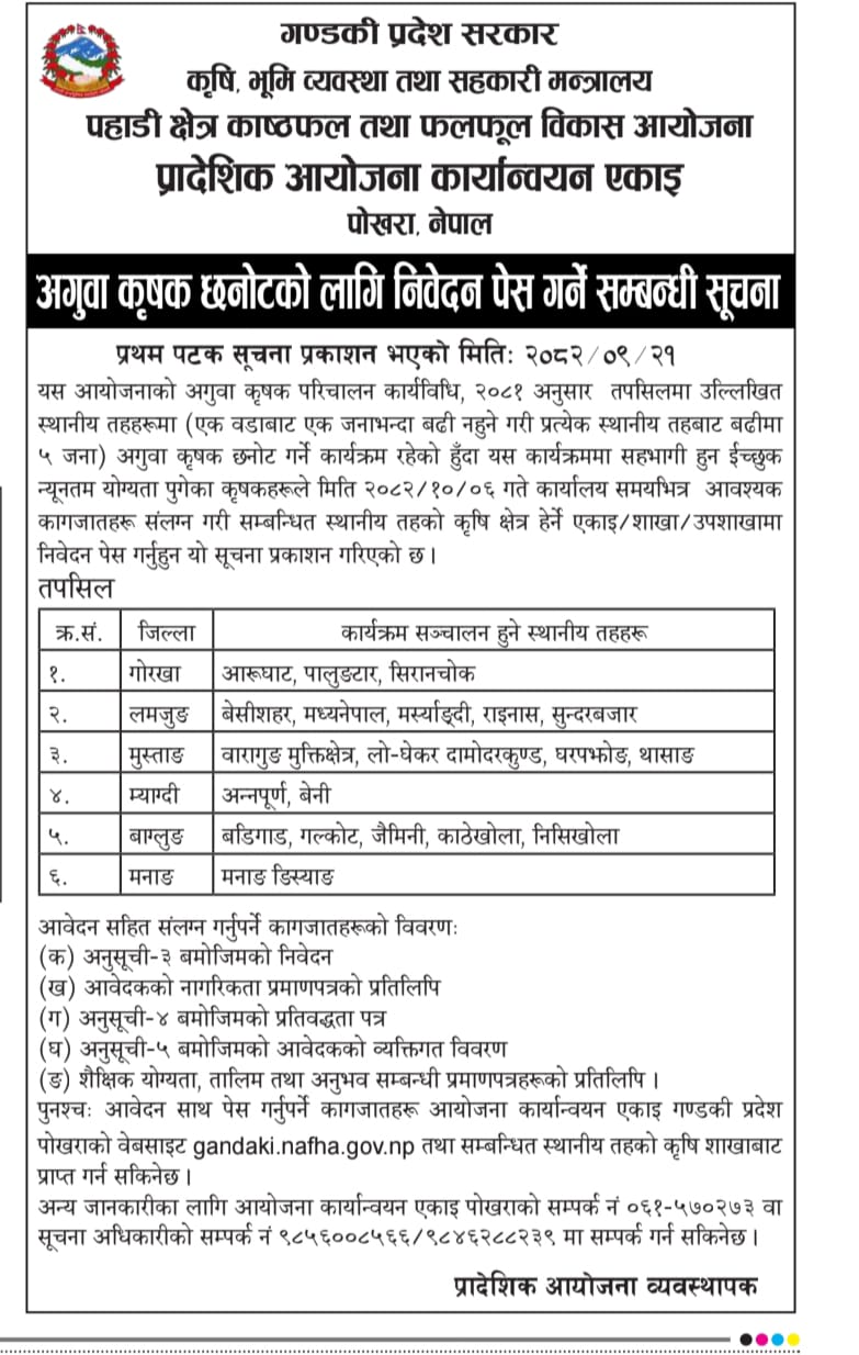 Call for applications for selection of Lead Farmers-PIU Gandaki