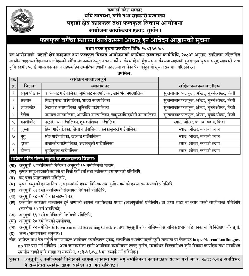 Call for Applications for Fruit Orchard Establishment - PIU Karnali